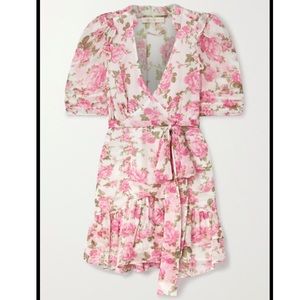 LOVESHACKFANCY Arlo Belted Ruched Floral Print Silk Georgette Mini Dress Pink XS